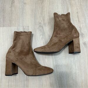 Jeffrey Campbell Brown Tan Beige Suede Heeled Ankle Boots Square Toe Size 6.5